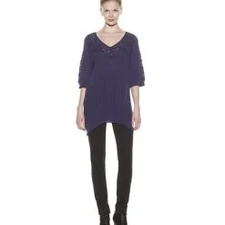 Catherine Malandrino Women's Mixed Pointelle V-Neck Tunic (Noirb